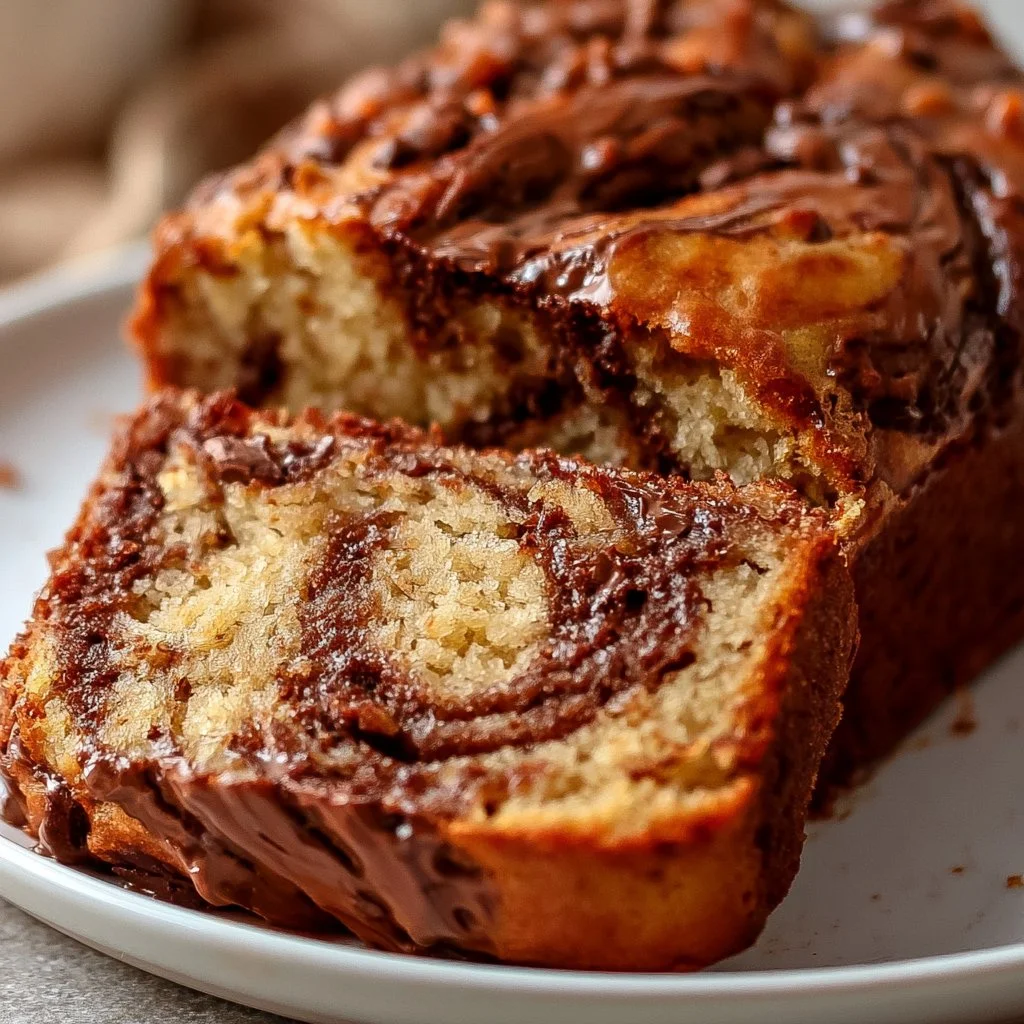 Ultra moist one-bowl banana bread with chocolate chip swirl fresh out of the oven