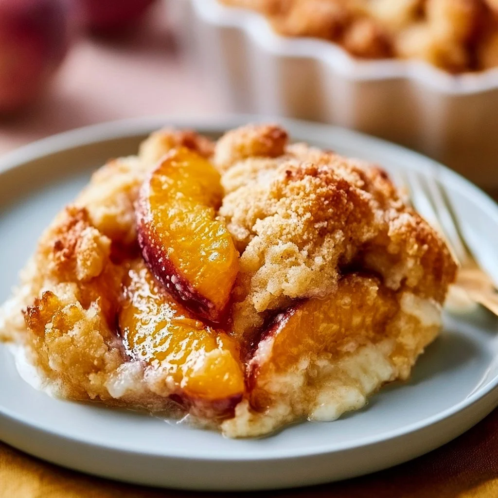 Delicious Vegan Peach Cobbler served in a rustic dish with fresh peaches.