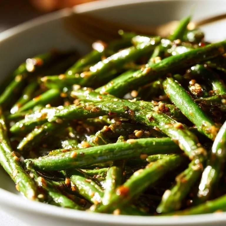 Vibrant pan fried green beans served on a plate with spices and herbs