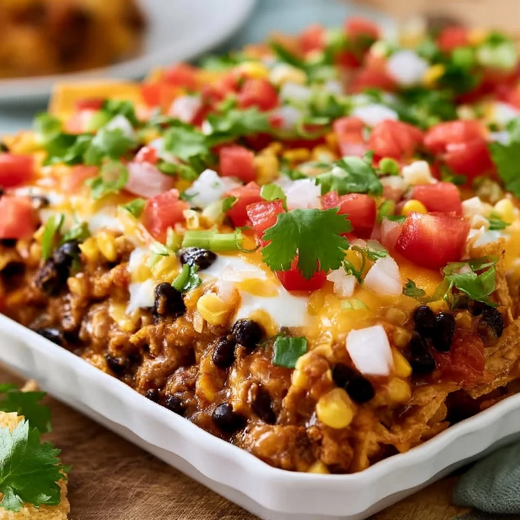 Delicious walking taco casserole served in a bowl with toppings