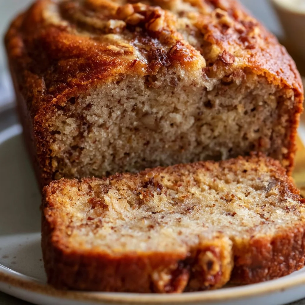Slice of world's best banana bread on a wooden table with ripe bananas