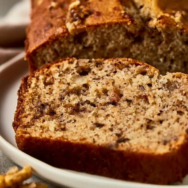 Delicious slice of homemade Banana Nut Bread with walnuts on a wooden table.