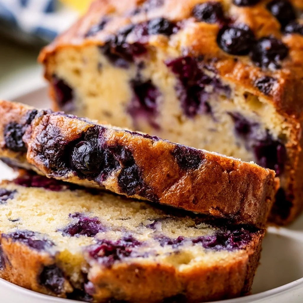 Loaf of blueberry banana bread with blueberries and sliced bananas on top.