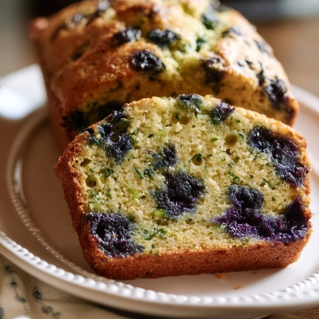 Delicious slice of Blueberry Zucchini Bread with fresh blueberries