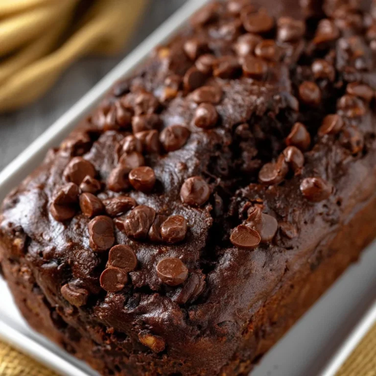 Sliced chocolate banana bread served on a wooden plate with chocolate chips.