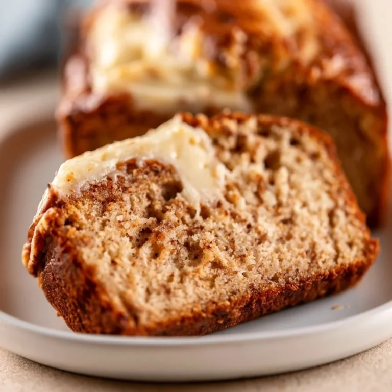 Sliced cream cheese banana bread on a wooden table, showcasing its moist texture