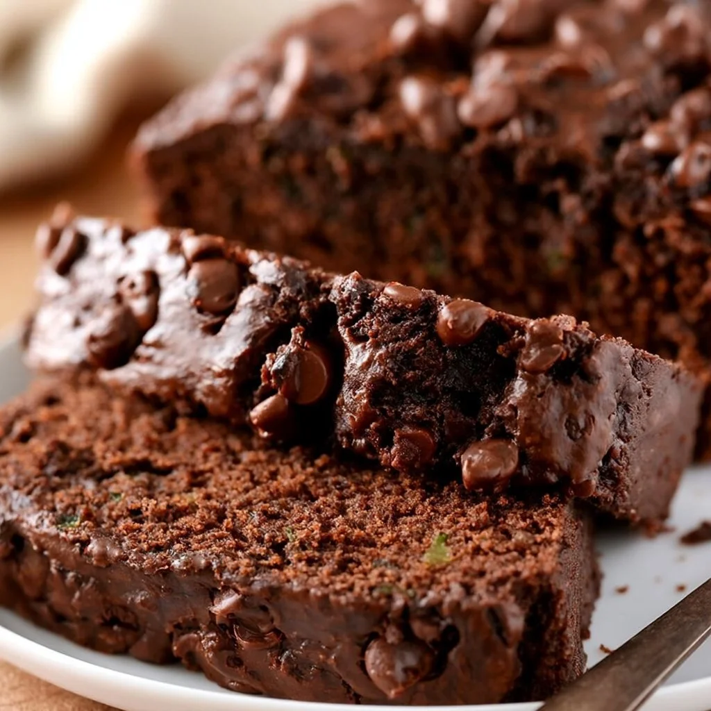 Delicious double chocolate chip zucchini bread with melted chocolate and fresh zucchini