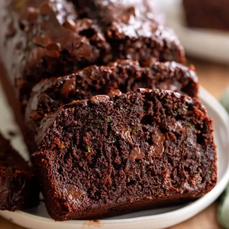 Double chocolate zucchini bread sliced on a wooden board.