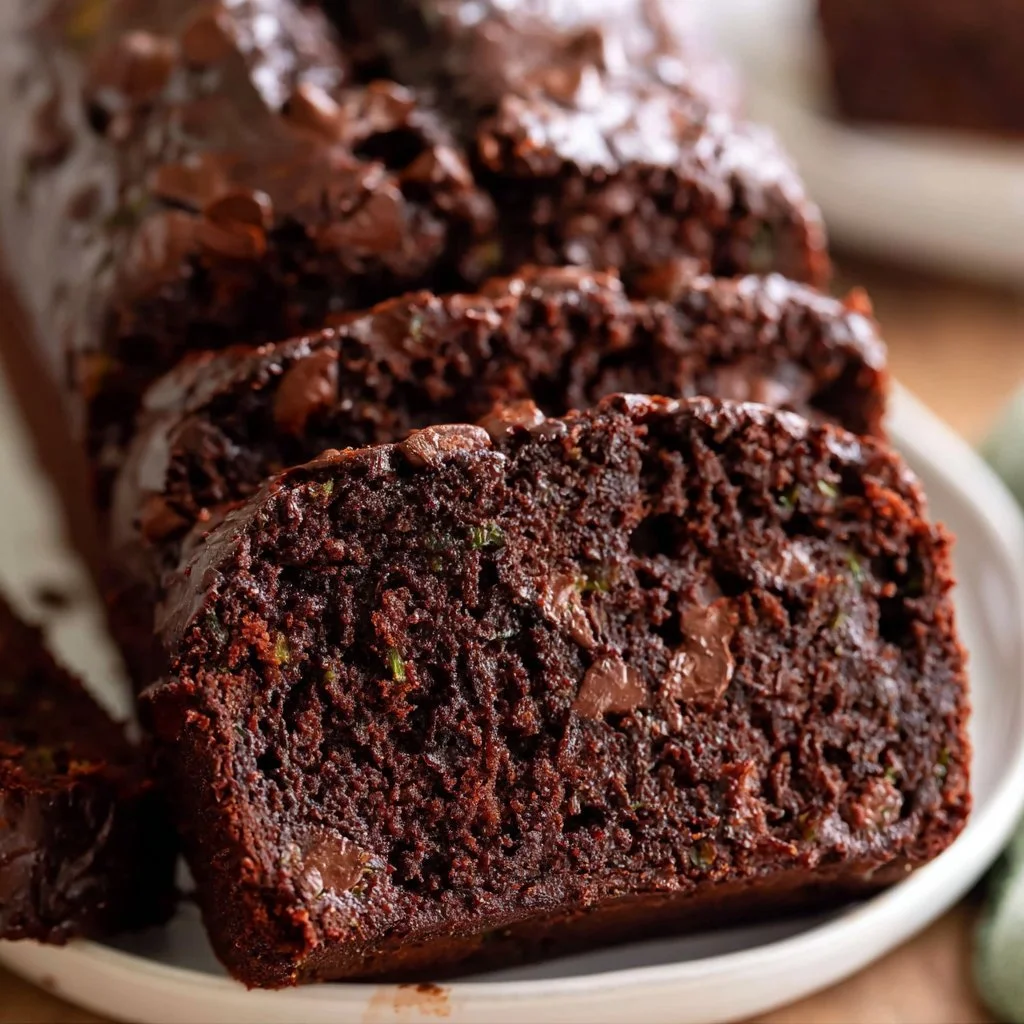 Double chocolate zucchini bread sliced on a wooden board.