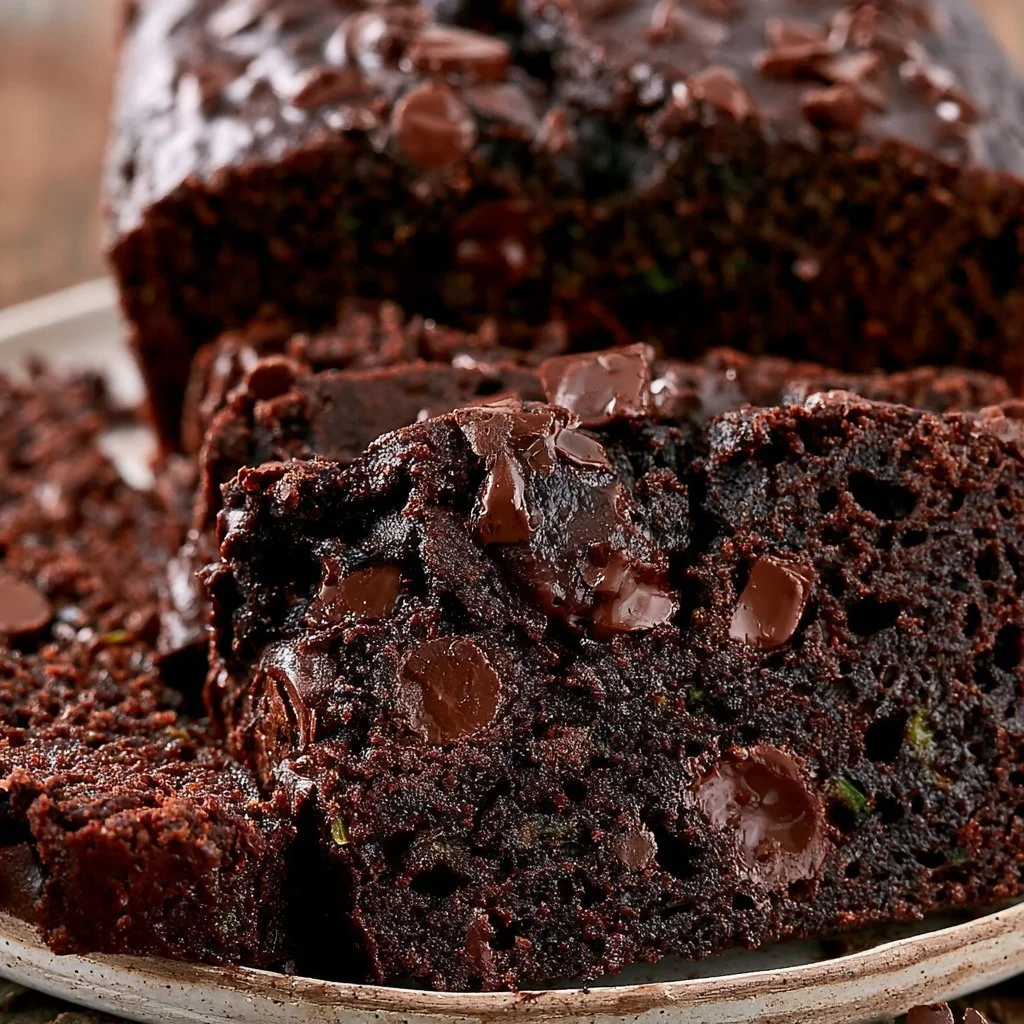 Slices of double chocolate zucchini bread topped with chocolate chips and zucchini shavings.