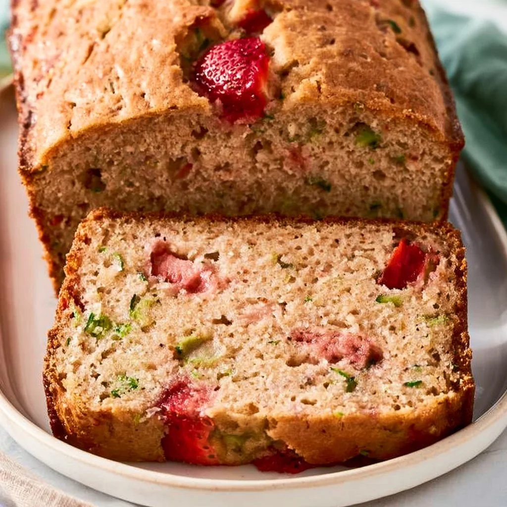 Delicious homemade strawberry zucchini bread slices on a wooden cutting board