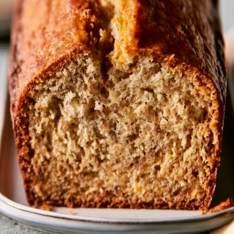 Loaf of Grandma's classic banana bread on a wooden cutting board.