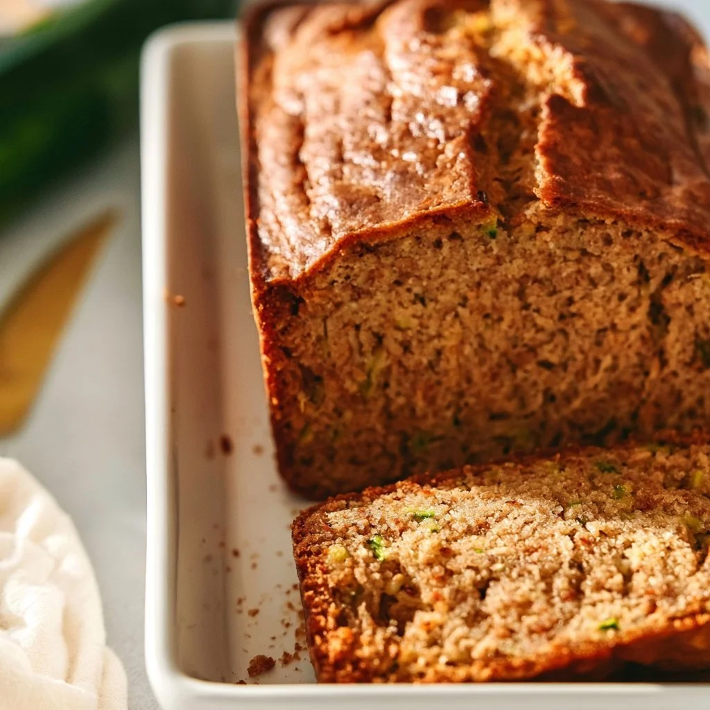 Freshly baked homemade zucchini bread with slices on a wooden board