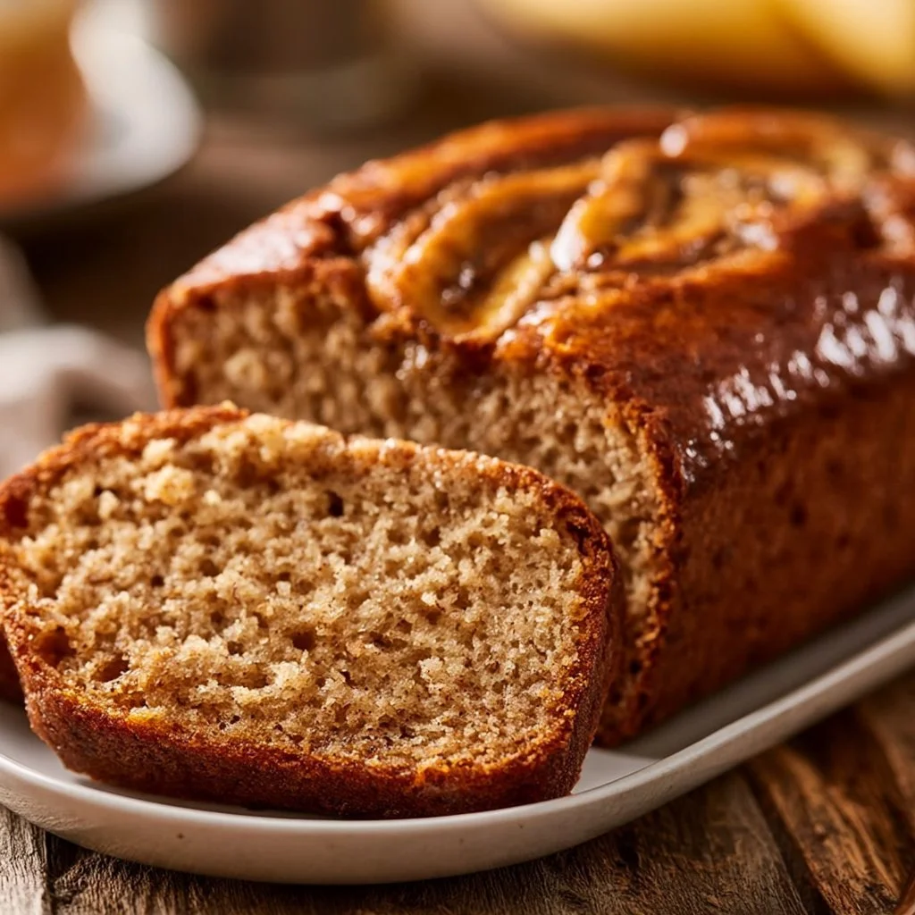 Slice of homemade Maple Cinnamon Banana Bread with a sprinkle of cinnamon on top