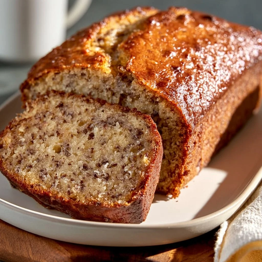 Moist one-bowl banana bread fresh out of the oven, golden and sliced.