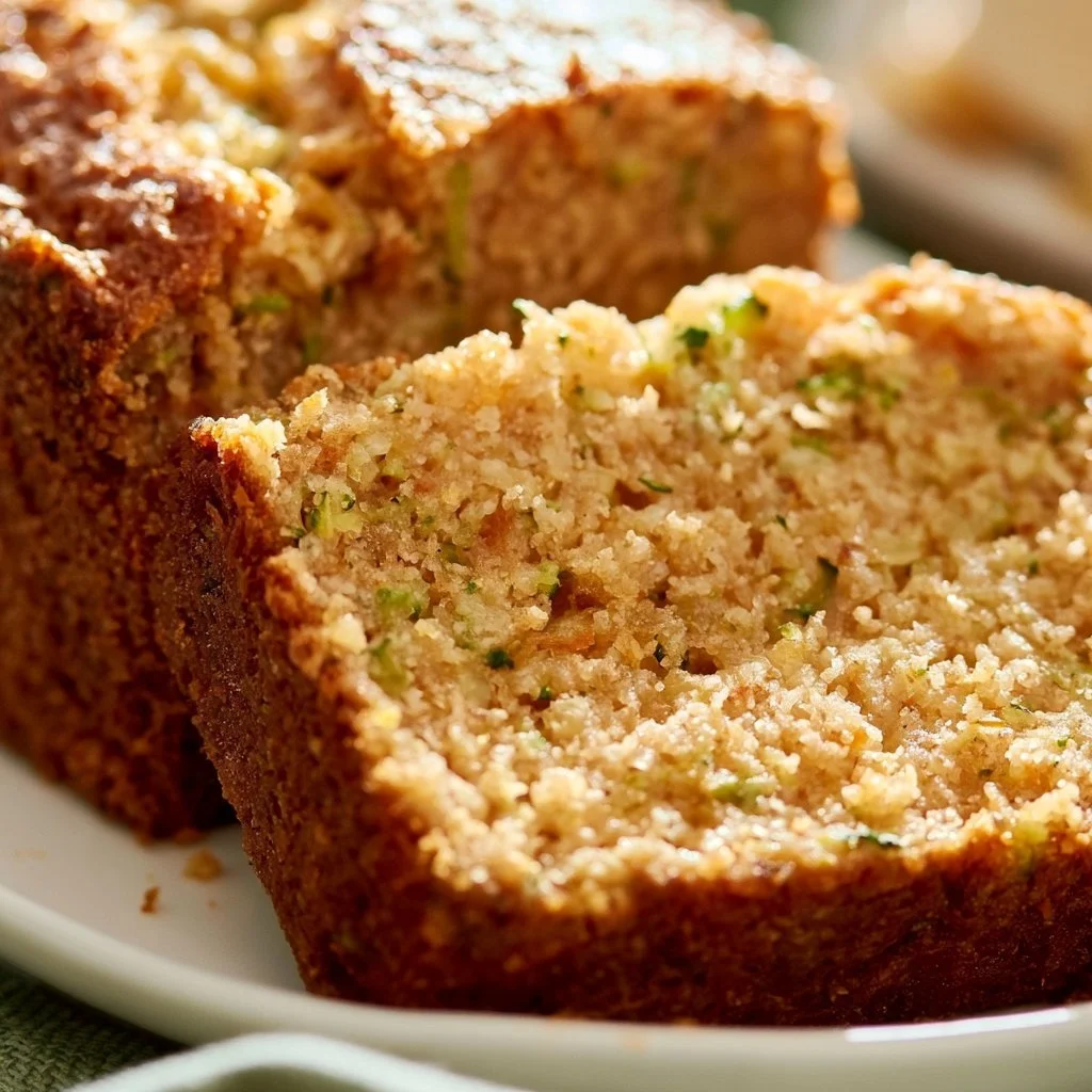 Slice of super moist zucchini bread on a wooden cutting board