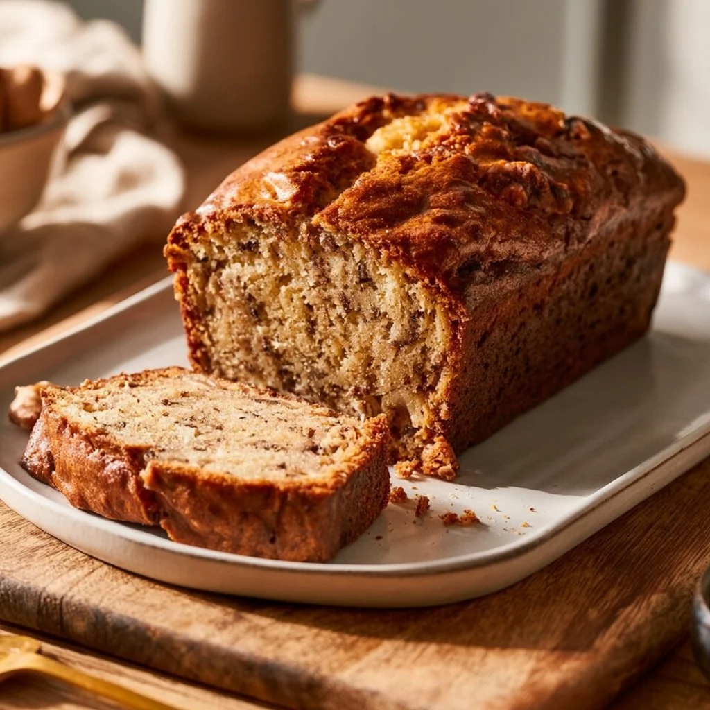 Loaf of freshly baked banana bread on a wooden cutting board