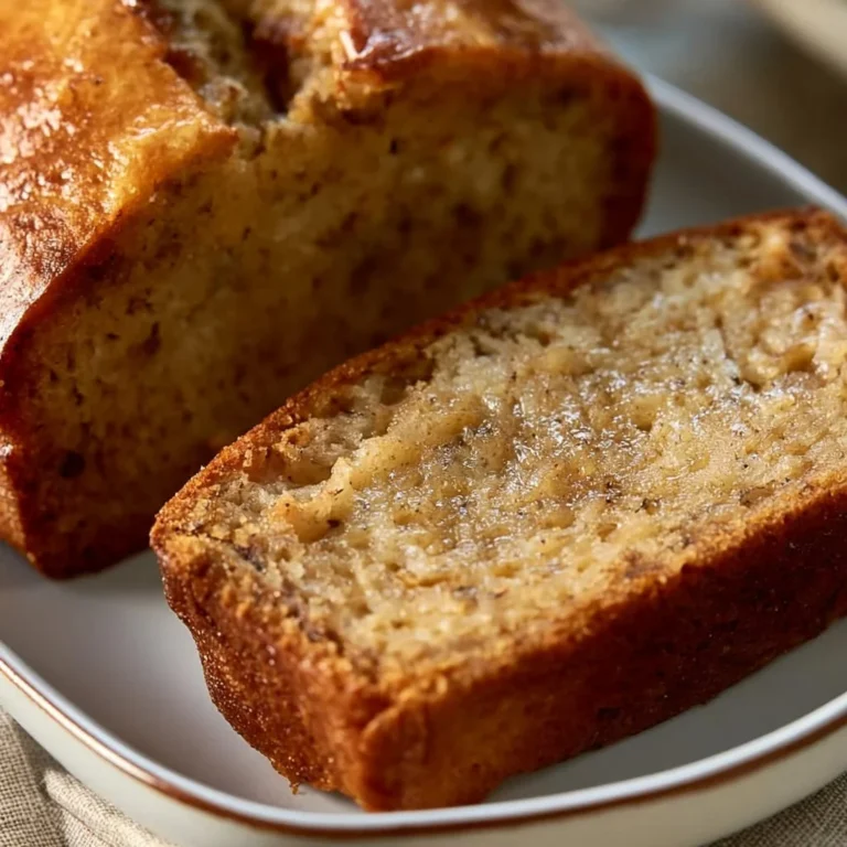 Freshly baked banana bread with a golden crust and ripe banana slices on top