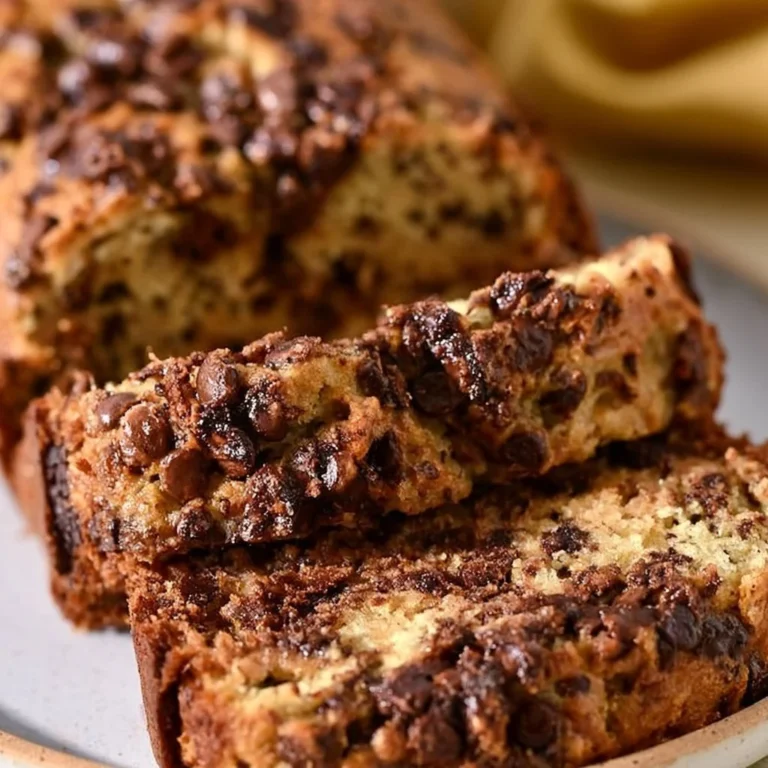 Deliciously moist chocolate chip banana bread with melted chocolate chunks.