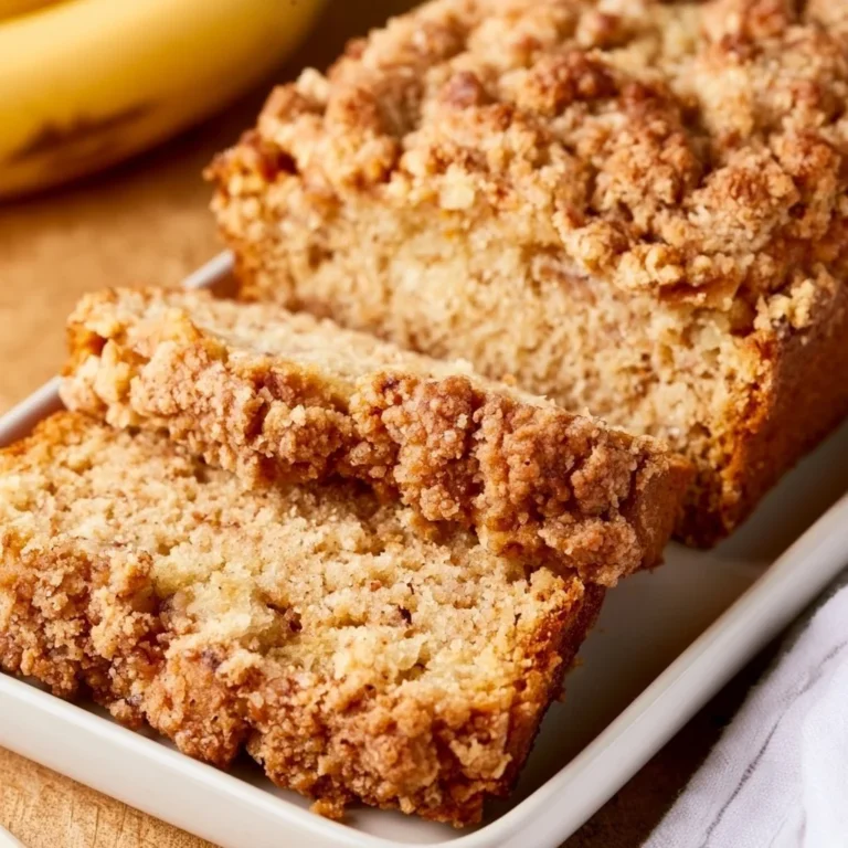 Delicious banana bread topped with crunchy streusel, fresh out of the oven.