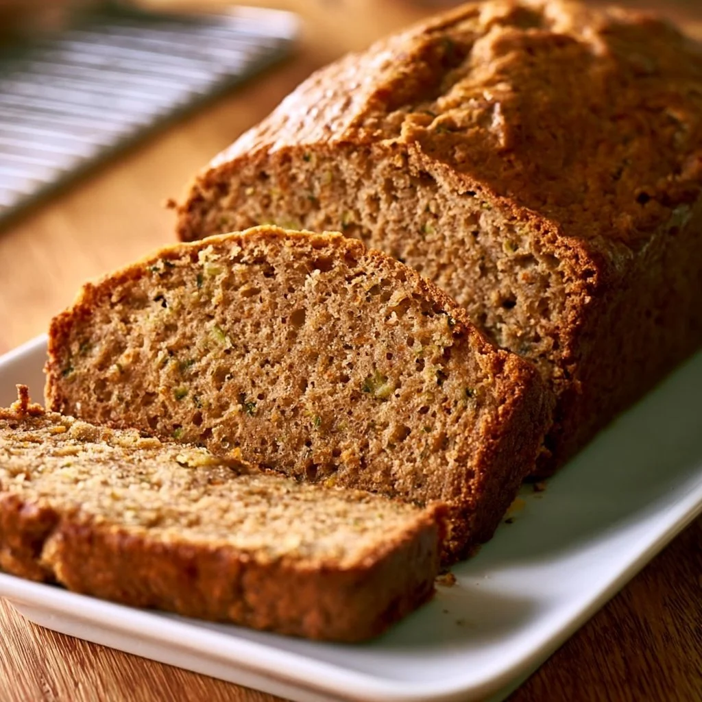 Freshly baked zucchini bread cooling on a kitchen countertop