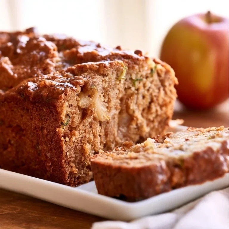 Slice of homemade apple zucchini bread on a wooden table with fresh apples and zucchini