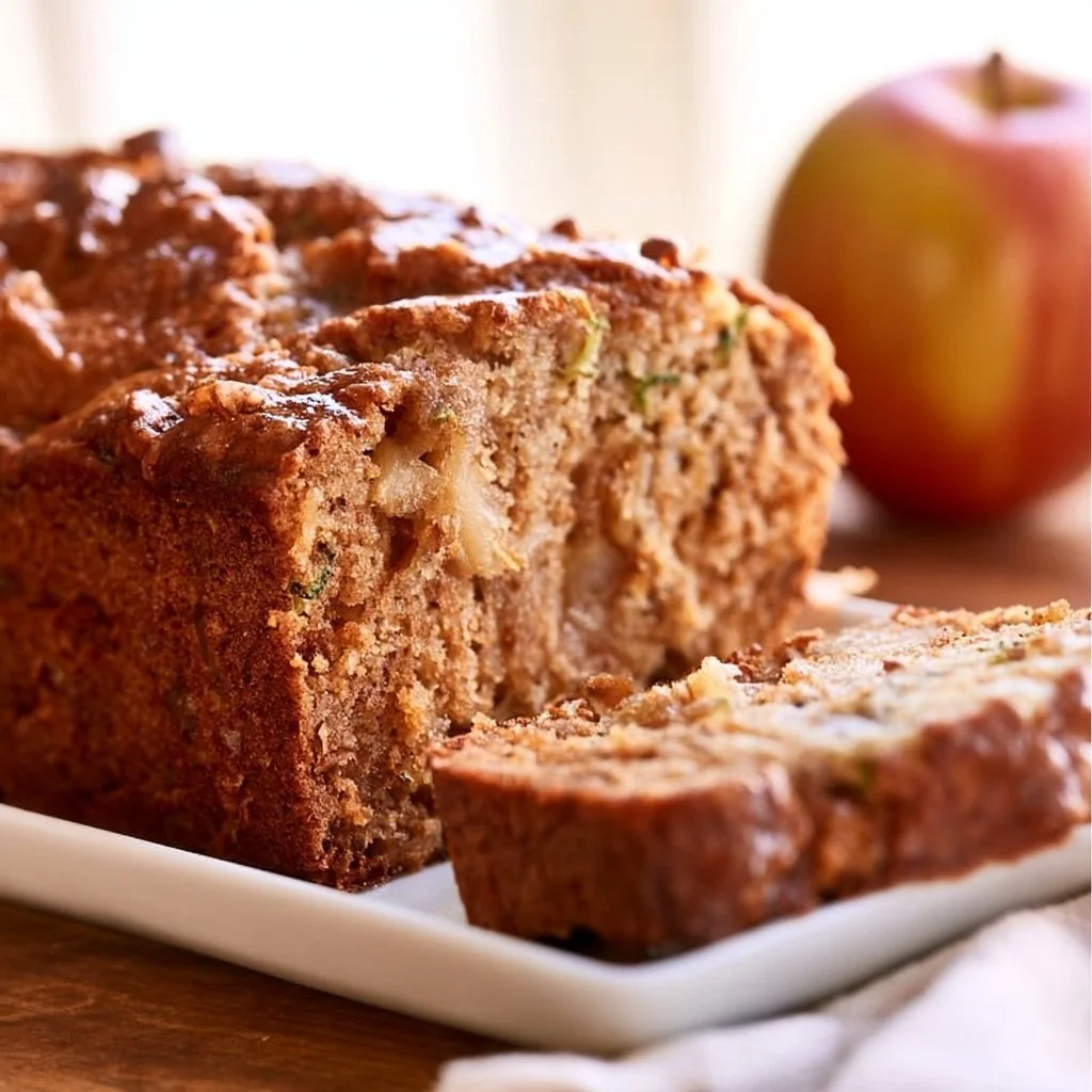 Slice of homemade apple zucchini bread on a wooden table with fresh apples and zucchini